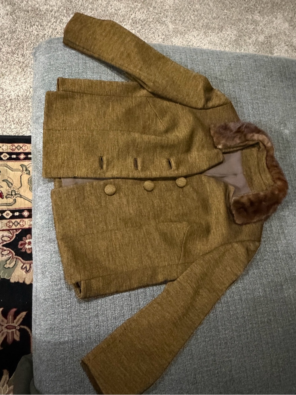 Women's Olive Brown Pea Coat with Faux Fur Collar